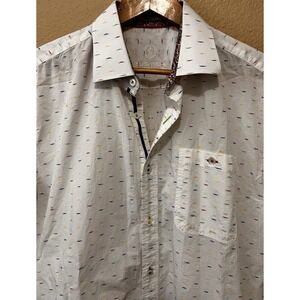 Bugatchi Shirt Large White Button Up Short Sleeve Patterned Polka Dot Shaped Fit